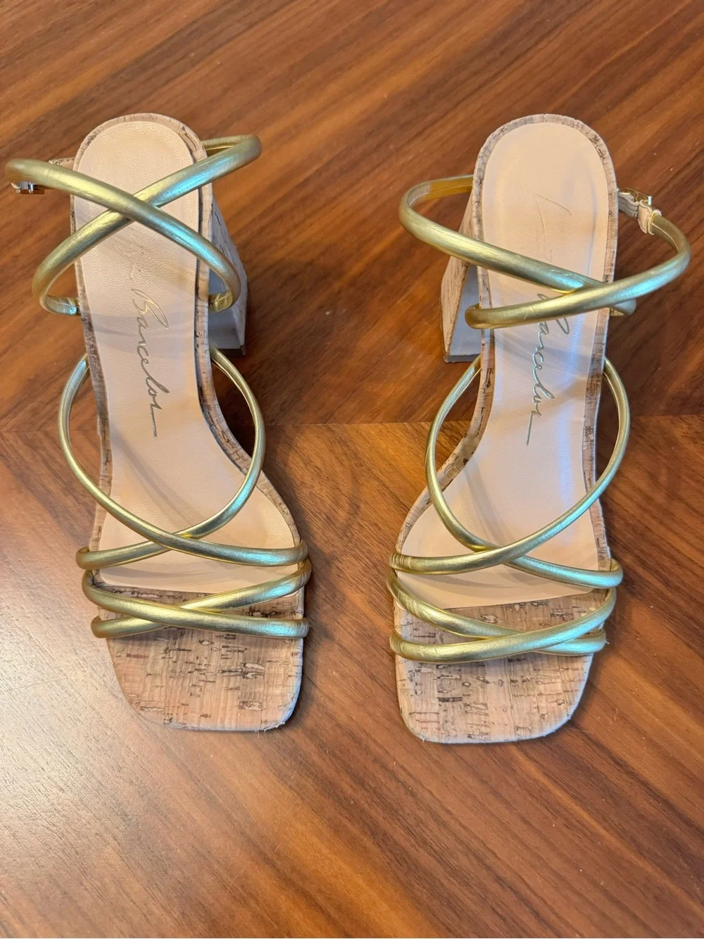 Luiza Barcelos Gold Metallic Strappy Cork Block Heel Sandals US 9